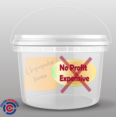 picture of a bucket that is identified with a label that reads “NO PROFIT + EXPENSIVE”. There is a sticky note inside showing what type of information to collect in this bucket